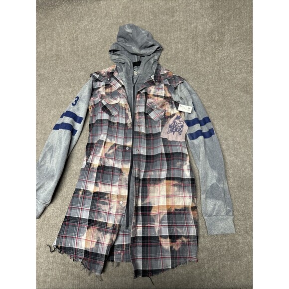 JAK Mixed Media Hoodie Med Flannel Jacket NWT Distressed Grunge Urban Streetwear - Picture 1 of 9